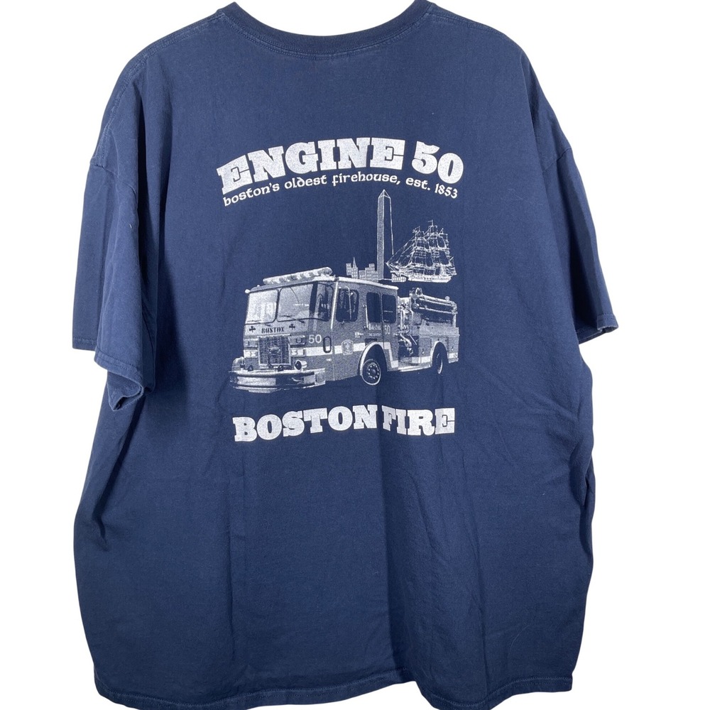 Vintage Boston Fire Engine 50 Charlestown Navy Blue Graphic T-Shirt Mens 3XL
